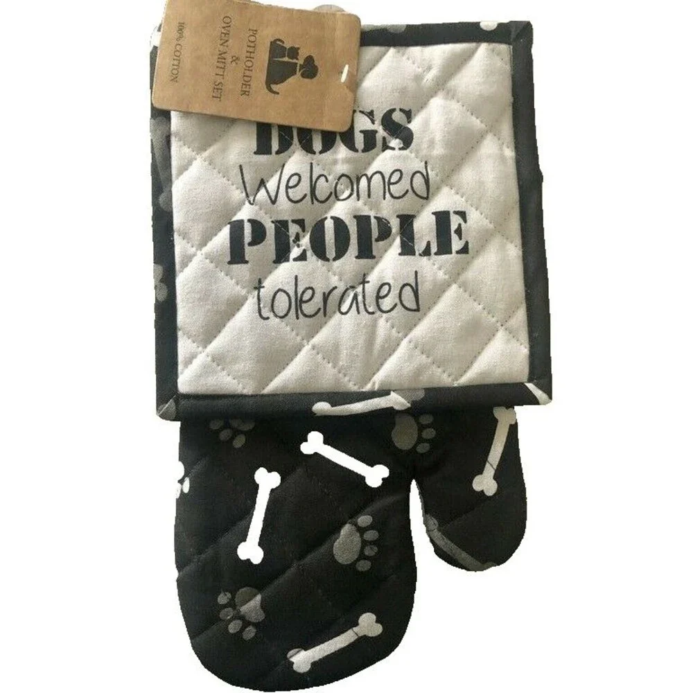 Dogs Welcome Kitchen Oven Mitt Potholder Dog Bones Paw Prints Pet Black Set of 2